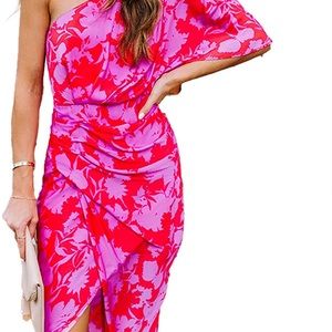 RED & PINK FLORAL FAUX WRAP ONE SHOULDER DRESS